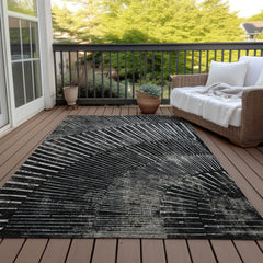 10' X 14' Black and Ivory Abstract Washable Non Skid Indoor Outdoor Area Rug