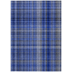 10' X 14' Navy Blue Plaid Washable Non Skid Indoor Outdoor Area Rug