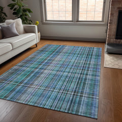 10' X 14' Teal Plaid Washable Non Skid Indoor Outdoor Area Rug
