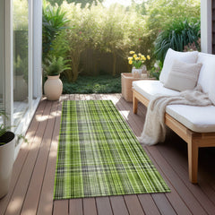 8' Runner Green Plaid Washable Non Skid Indoor Outdoor Runner Rug