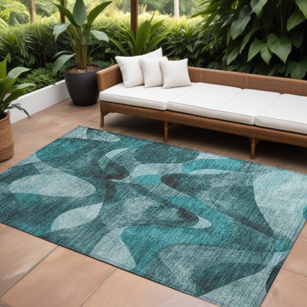 10' X 14' Teal Abstract Washable Non Skid Indoor Outdoor Area Rug
