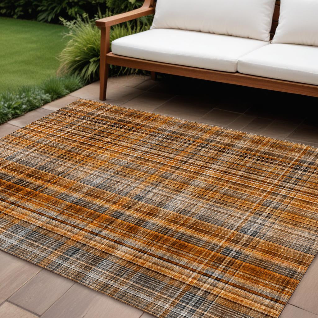 10' X 14' Terra Cotta Plaid Washable Non Skid Indoor Outdoor Area Rug