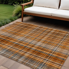 10' X 14' Terra Cotta Plaid Washable Non Skid Indoor Outdoor Area Rug