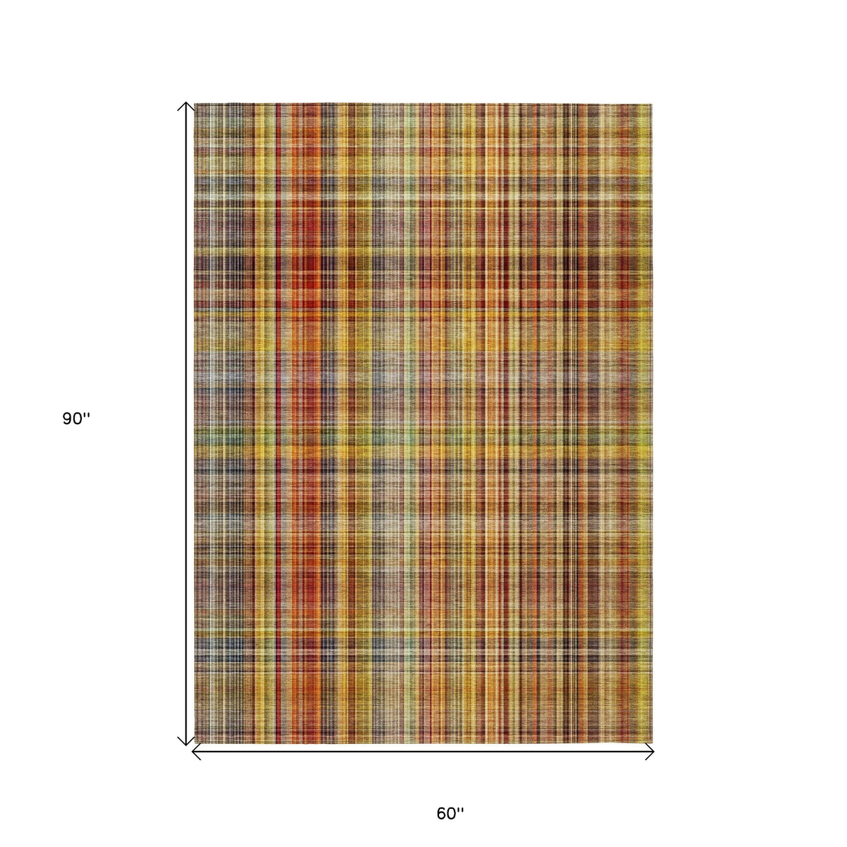 5' X 8' Orange Plaid Washable Non Skid Indoor Outdoor Area Rug