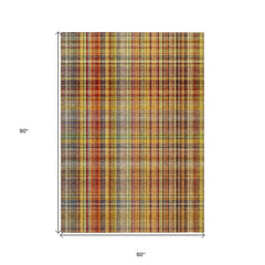 5' X 8' Orange Plaid Washable Non Skid Indoor Outdoor Area Rug
