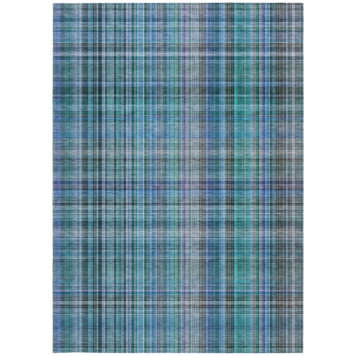 9' X 12' Teal Plaid Washable Non Skid Indoor Outdoor Area Rug