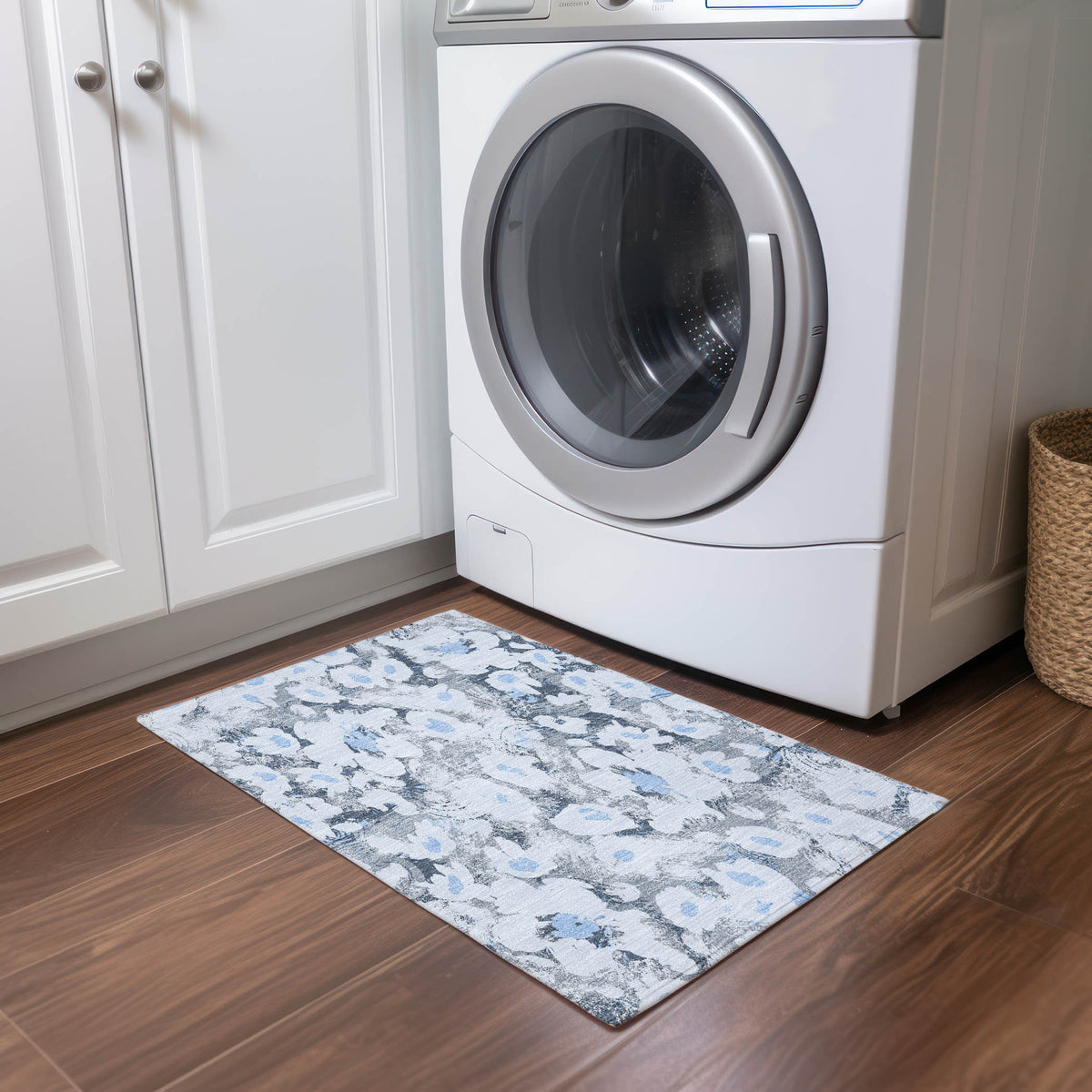 2' X 3' Denim Blue Floral Washable Non Skid Indoor Outdoor Area Rug