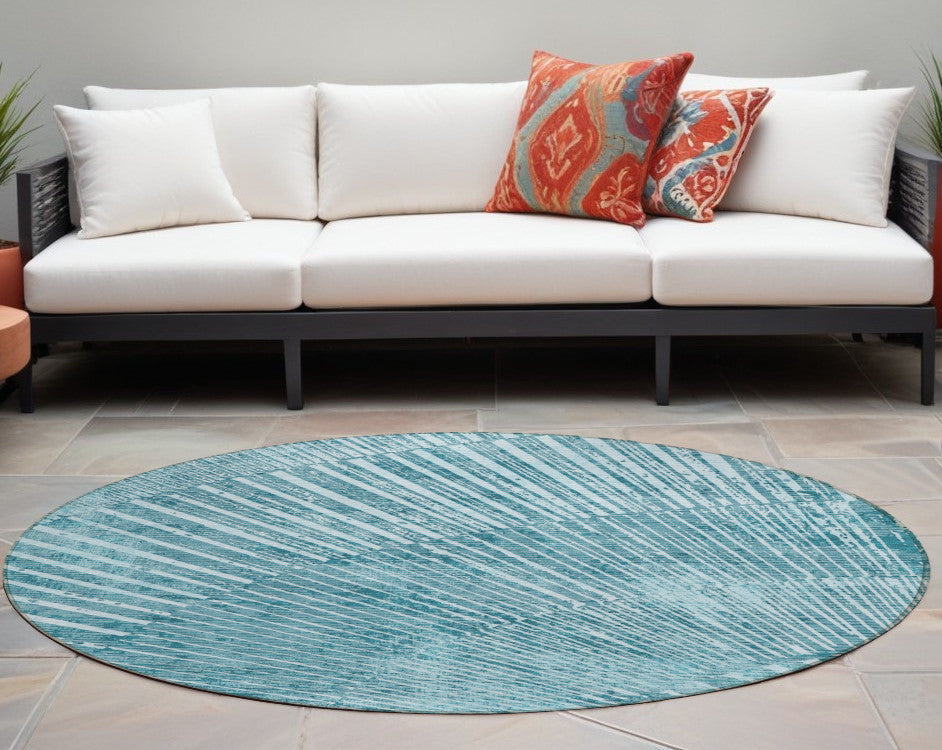 8' Round Teal Round Abstract Washable Non Skid Indoor Outdoor Area Rug