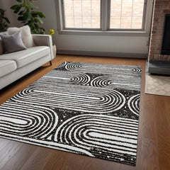 10' X 14' Black and White Abstract Washable Non Skid Indoor Outdoor Area Rug