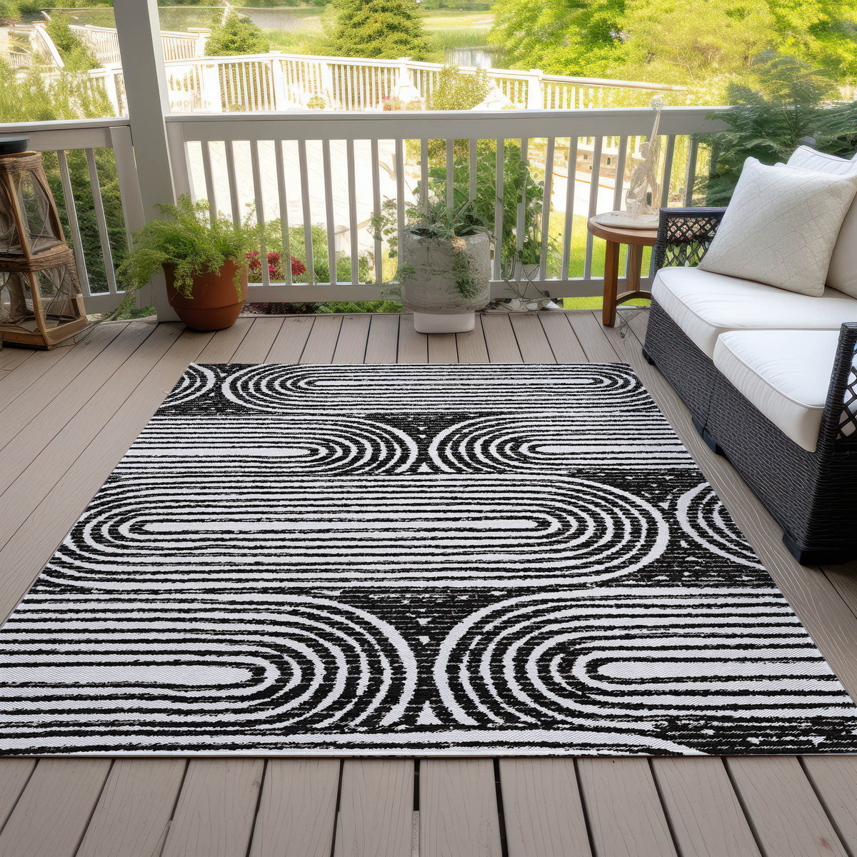 8' X 10' Black and White Abstract Washable Non Skid Indoor Outdoor Area Rug