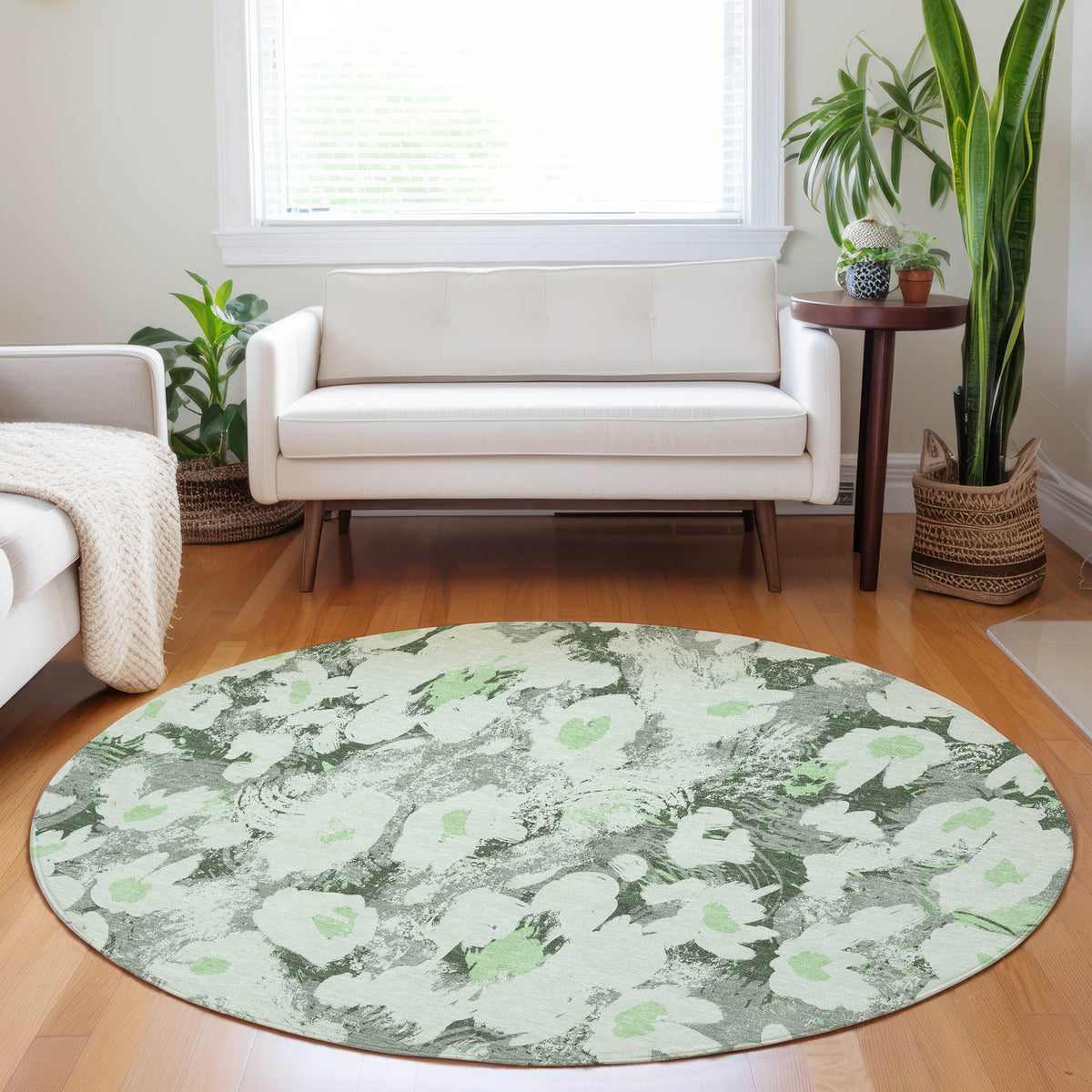 8' Round Artichoke Green Round Floral Washable Non Skid Indoor Outdoor Area Rug