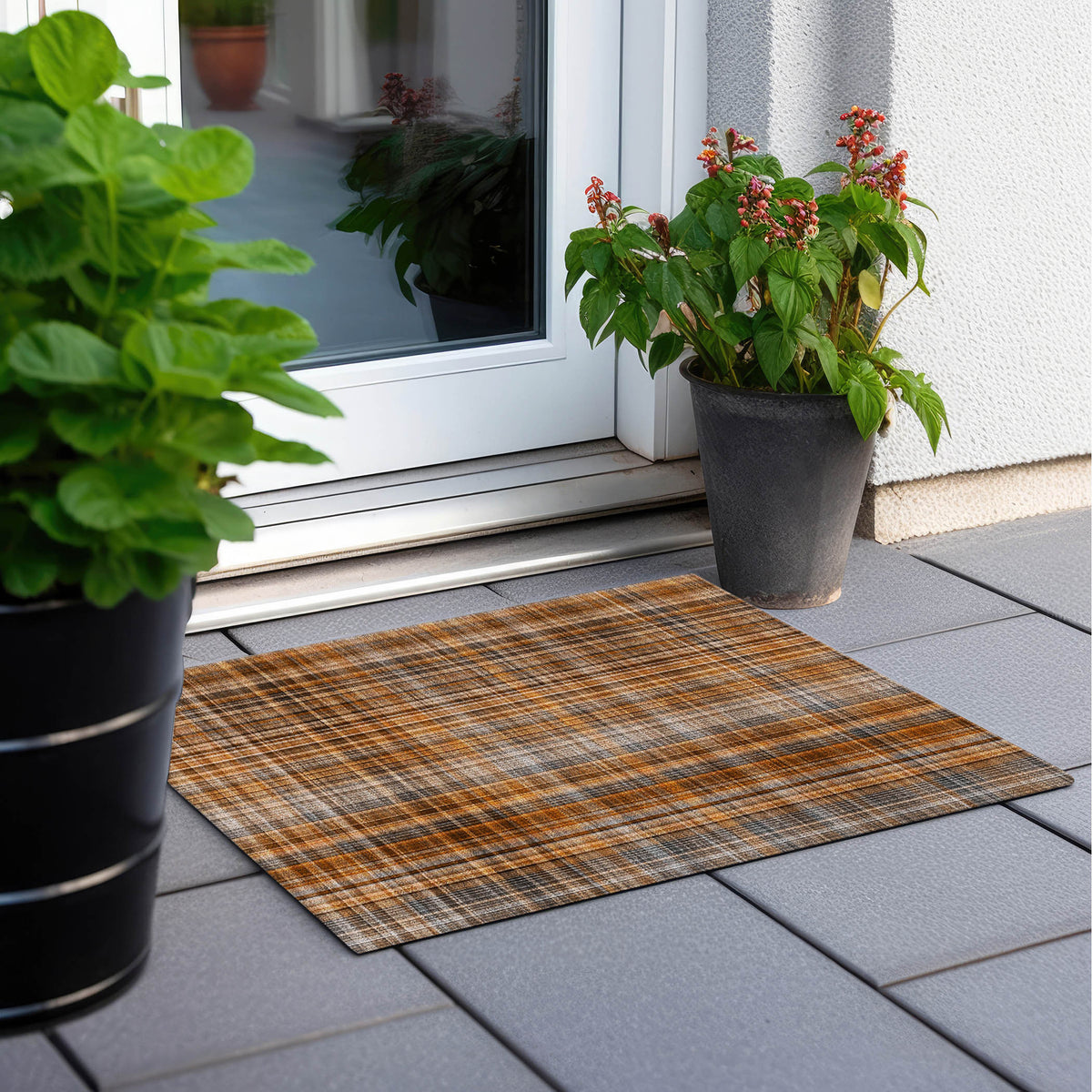 2' X 3' Terra Cotta Plaid Washable Non Skid Indoor Outdoor Area Rug