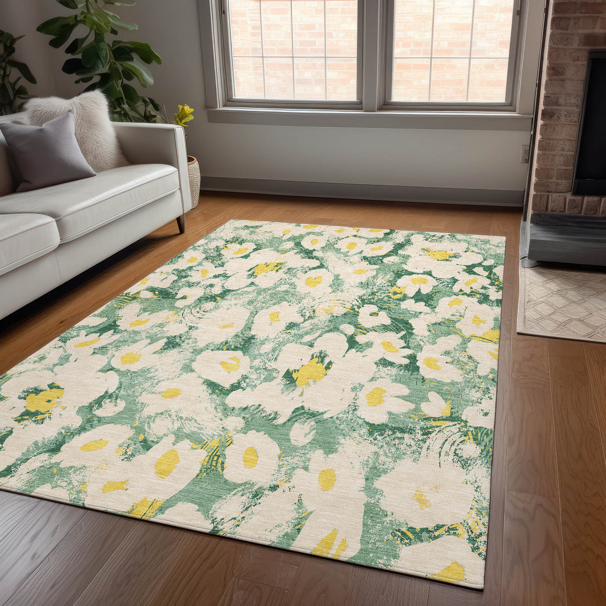 3' X 4' Green Floral Washable Non Skid Indoor Outdoor Area Rug
