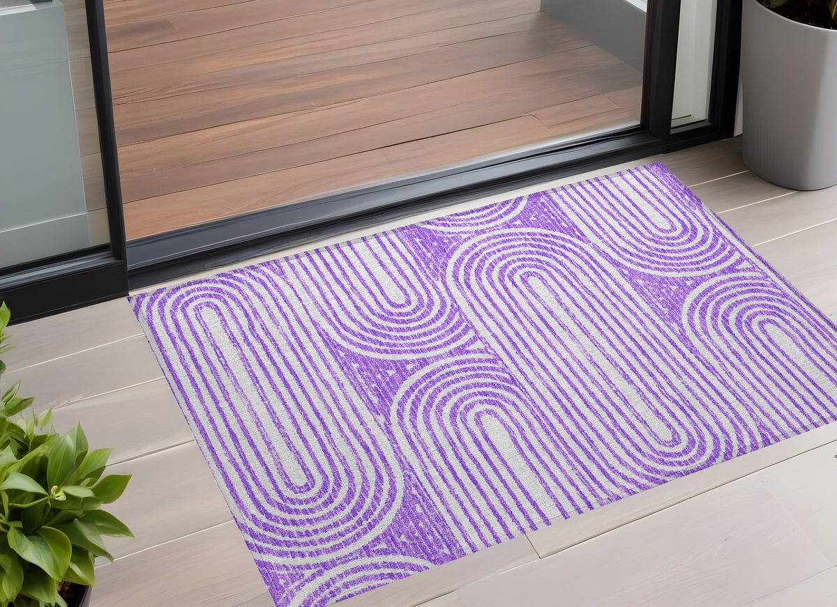 3' X 4' Purple and White Abstract Washable Non Skid Indoor Outdoor Area Rug