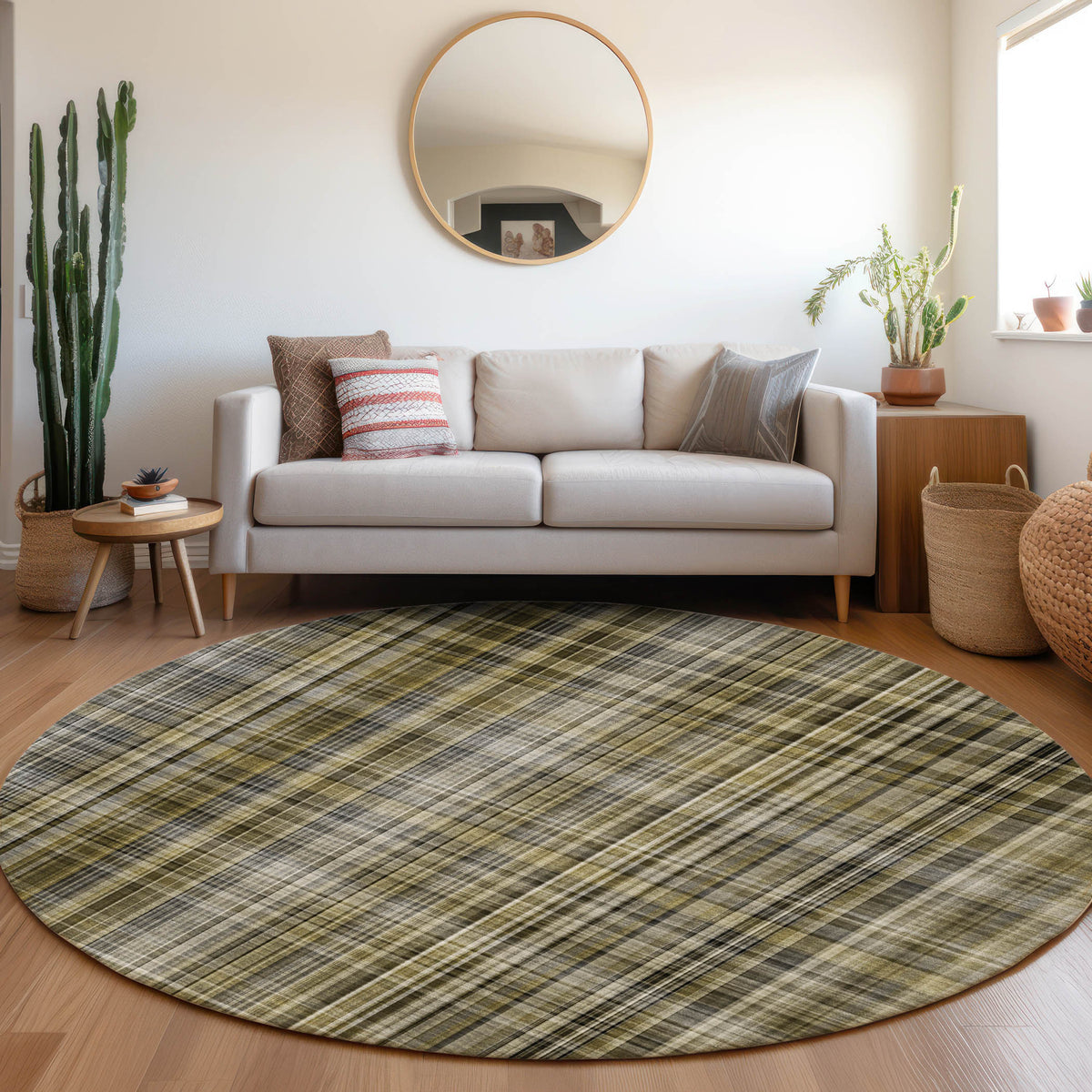 8' Round Taupe Round Plaid Washable Non Skid Indoor Outdoor Area Rug