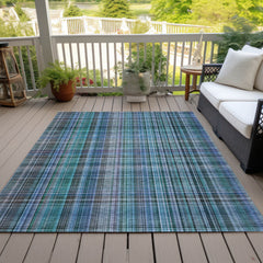 8' X 10' Teal Plaid Washable Non Skid Indoor Outdoor Area Rug
