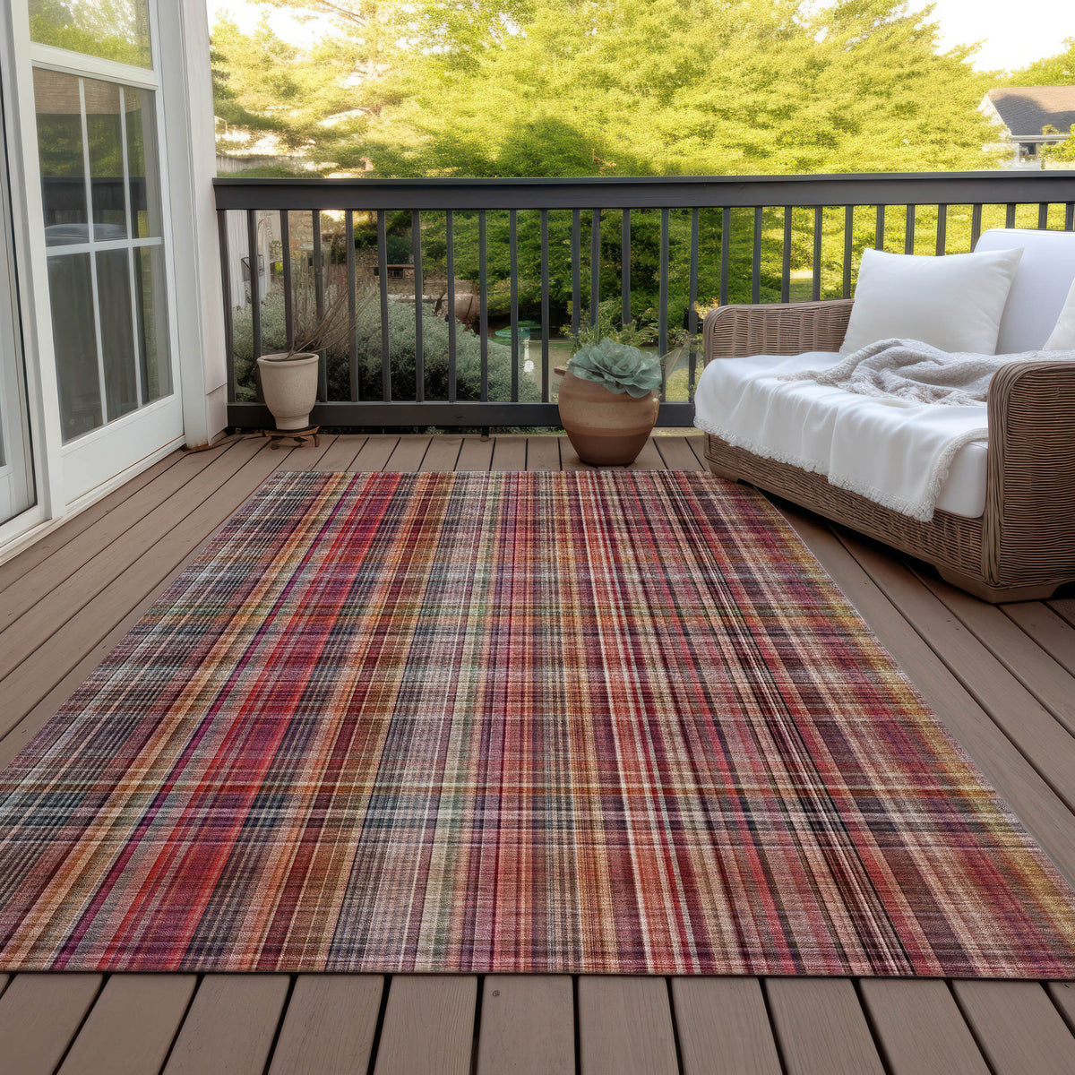 8' X 10' Red Plaid Washable Non Skid Indoor Outdoor Area Rug