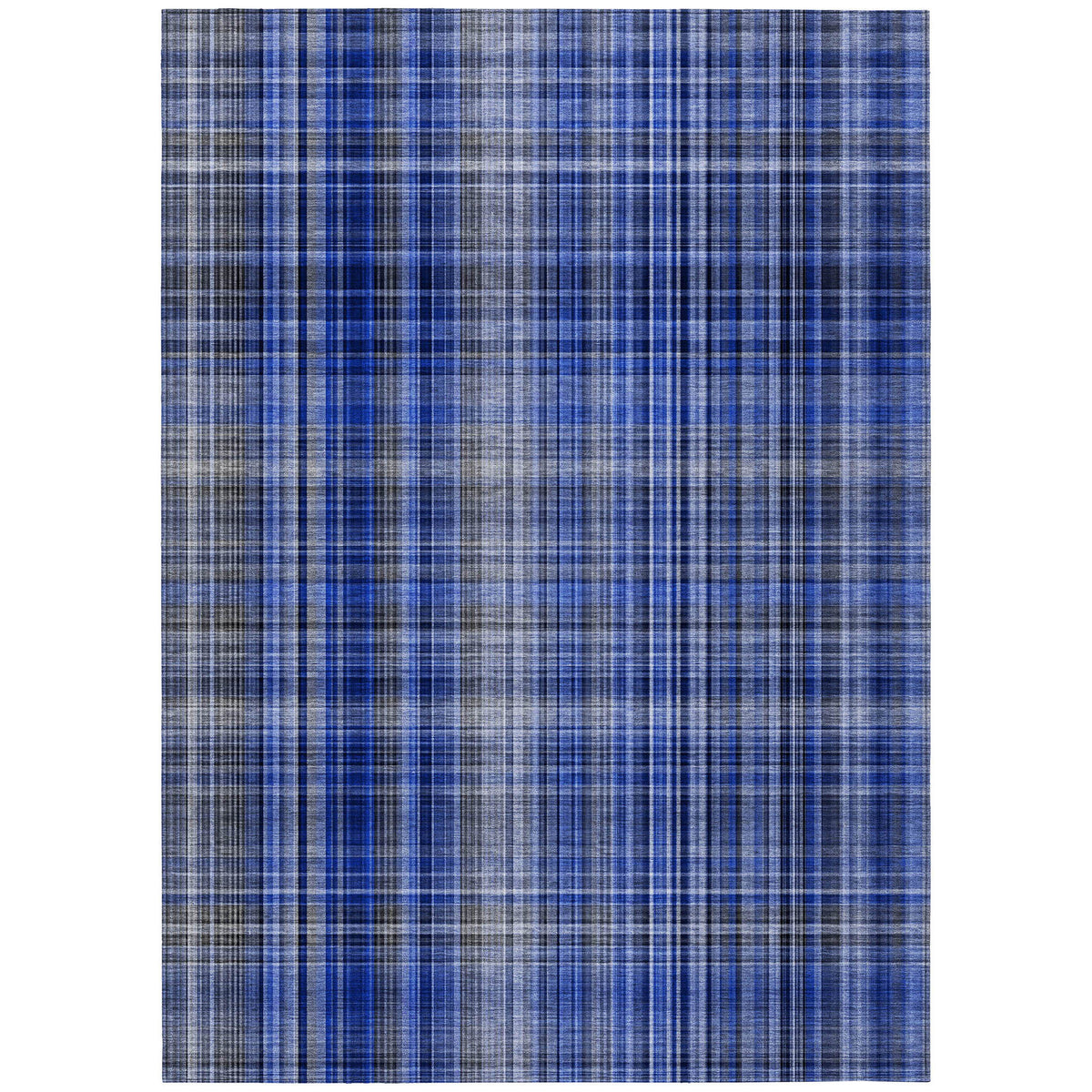 9' X 12' Navy Blue Plaid Washable Non Skid Indoor Outdoor Area Rug