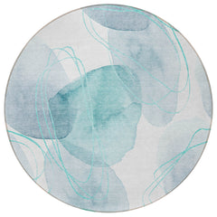 8' Round Teal and Ivory Round Abstract Washable Non Skid Indoor Outdoor Area Rug