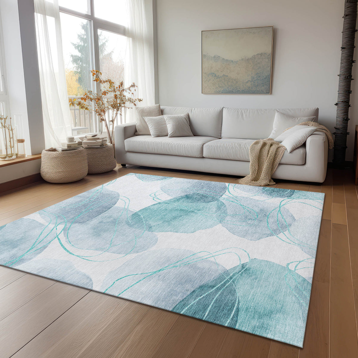 9' X 12' Teal and Ivory Abstract Washable Non Skid Indoor Outdoor Area Rug