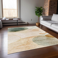 3' X 4' Beige and Green Abstract Washable Non Skid Indoor Outdoor Area Rug