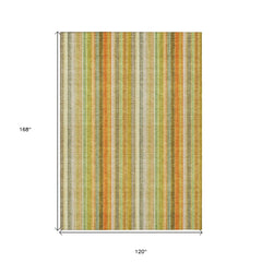 10' X 14' Tan Orange and Green Striped Washable Non Skid Indoor Outdoor Area Rug
