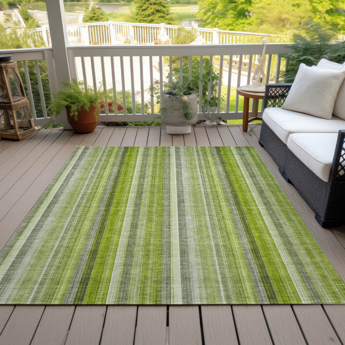 3' X 5' Green Striped Washable Non Skid Indoor Outdoor Area Rug