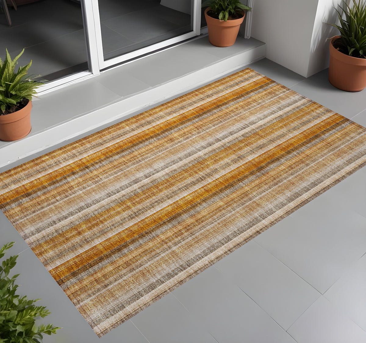 3' X 4' Orange Ivory and Gray Striped Washable Non Skid Indoor Outdoor Area Rug