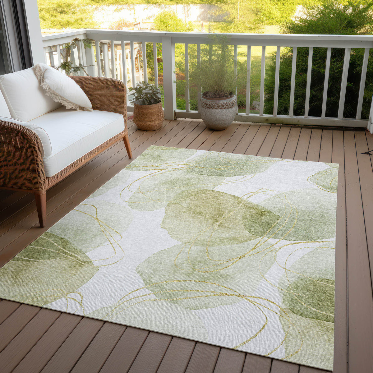 9' X 12' Green and Ivory Abstract Washable Non Skid Indoor Outdoor Area Rug