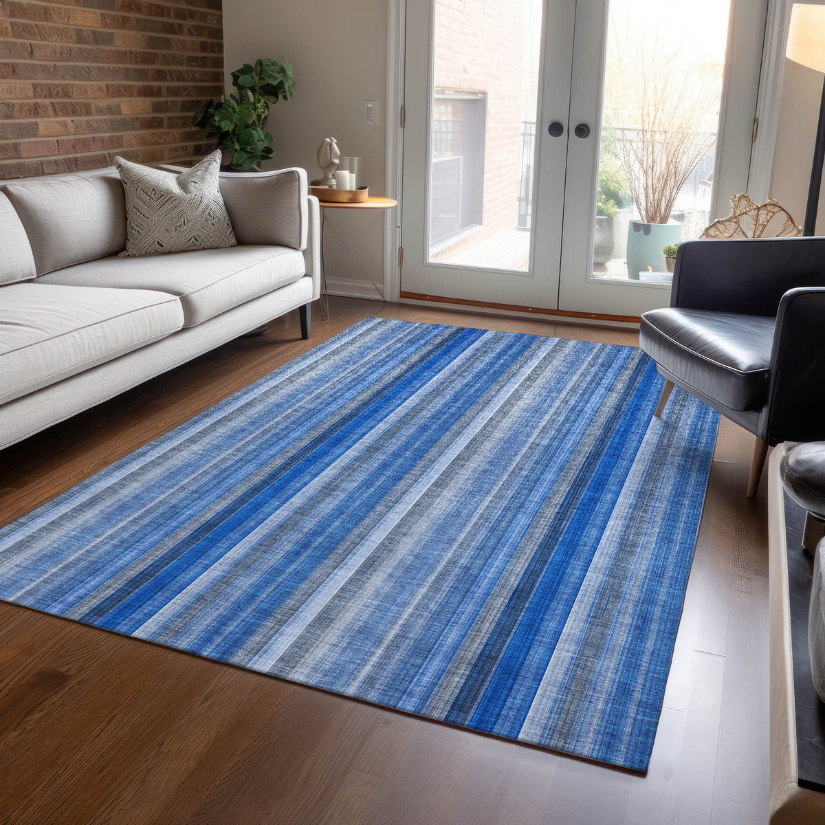 10' X 14' Blue Striped Washable Non Skid Indoor Outdoor Area Rug