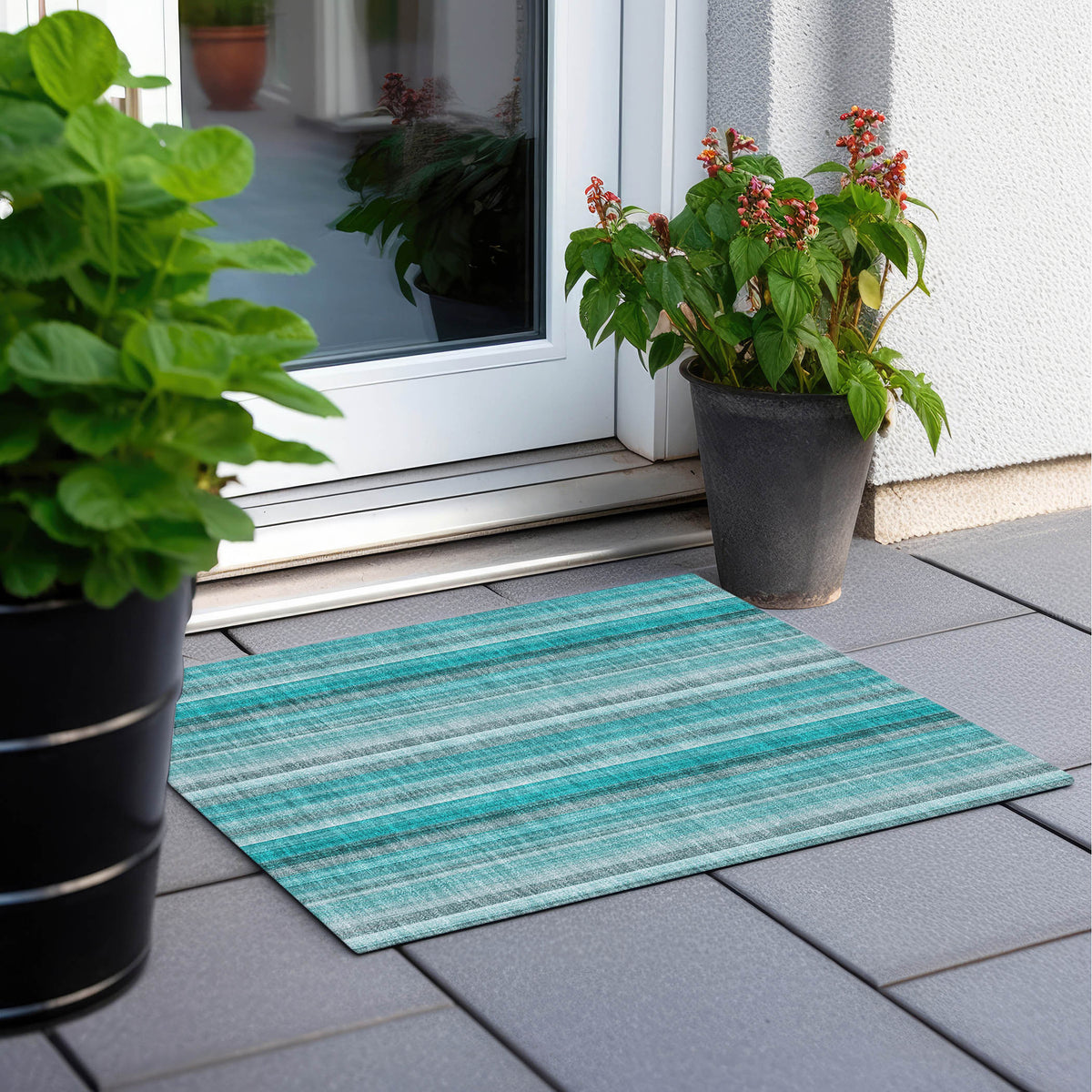 2' X 3' Teal and Gray Striped Washable Non Skid Indoor Outdoor Area Rug