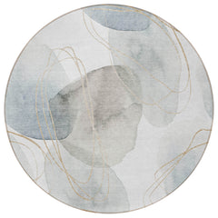 8' Round Ivory Blue and Gray Round Abstract Washable Non Skid Indoor Outdoor Area Rug