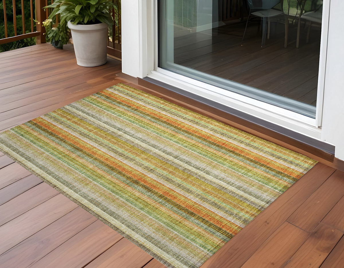 3' X 4' Tan Orange and Green Striped Washable Non Skid Indoor Outdoor Area Rug