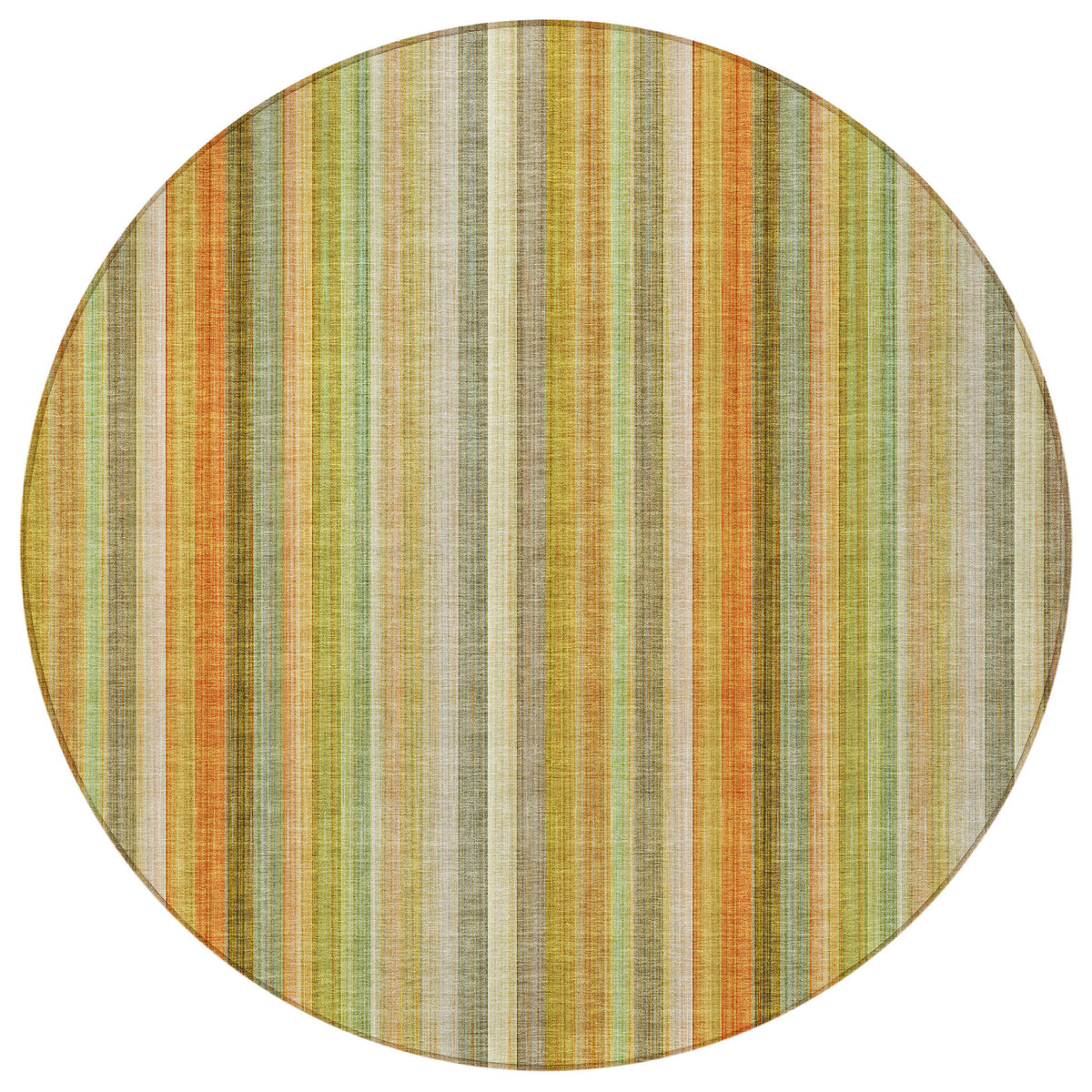 8' Round Tan Orange and Green Round Striped Washable Non Skid Indoor Outdoor Area Rug