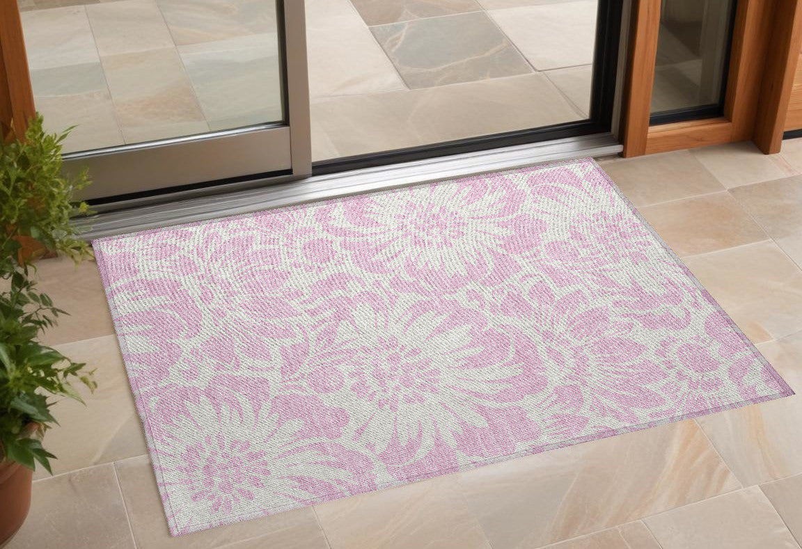 3' X 4' Pink and Ivory Floral Washable Non Skid Indoor Outdoor Area Rug