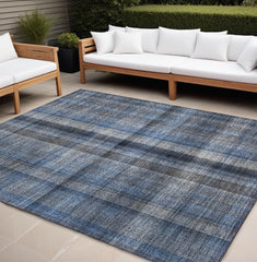10' X 14' Blue Plaid Washable Non Skid Indoor Outdoor Area Rug