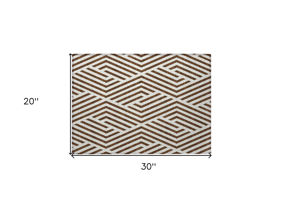 2' X 3' Brown and White Geometric Washable Non Skid Indoor Outdoor Area Rug