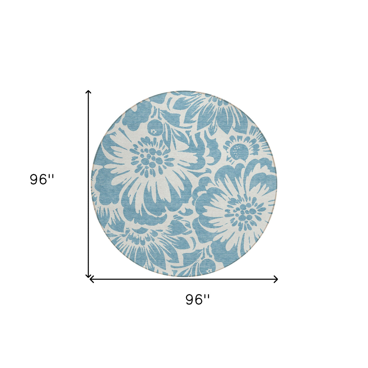 8' Round Denim and Ivory Round Floral Washable Non Skid Indoor Outdoor Area Rug