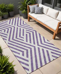 8' Runner Purple and White Geometric Washable Non Skid Indoor Outdoor Runner Rug