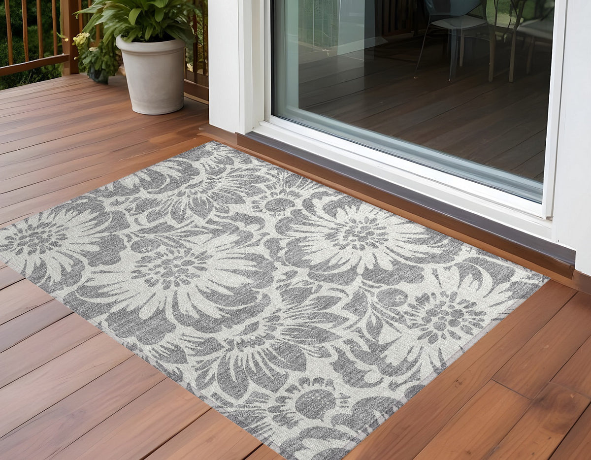 3' X 4' Gray and Ivory Floral Washable Non Skid Indoor Outdoor Area Rug