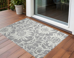 3' X 4' Gray and Ivory Floral Washable Non Skid Indoor Outdoor Area Rug