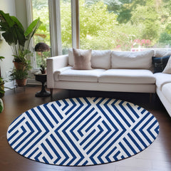 8' Round Navy and White Round Geometric Washable Non Skid Indoor Outdoor Area Rug