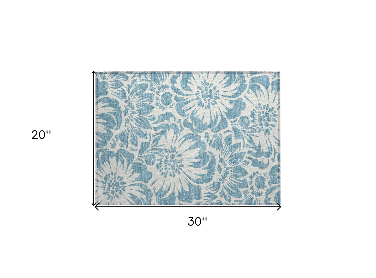2' X 3' Denim and Ivory Floral Washable Non Skid Indoor Outdoor Area Rug