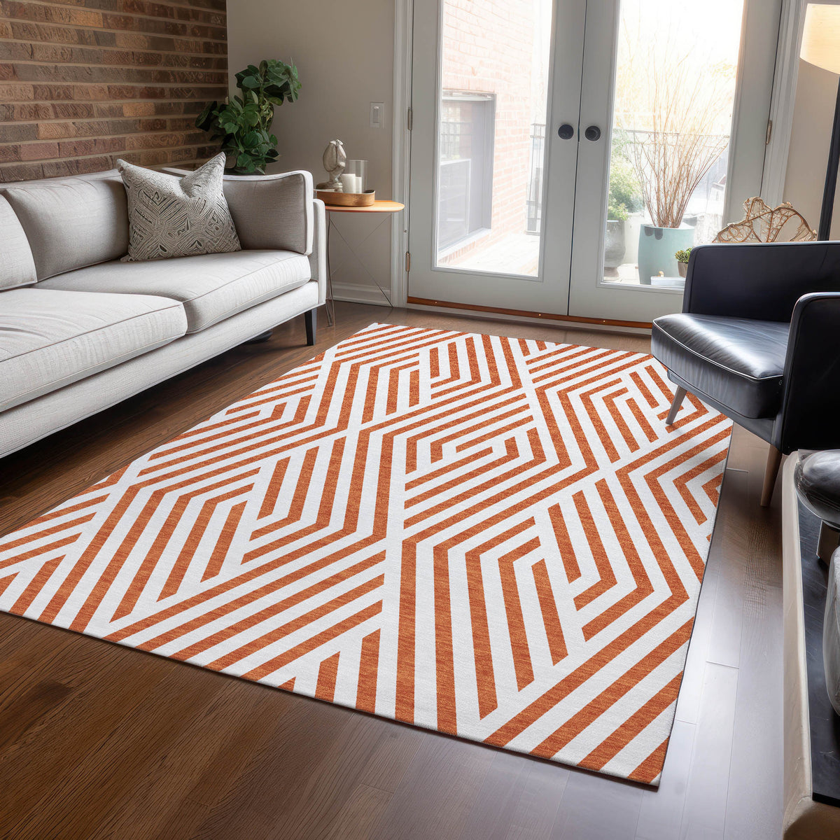 10' X 14' Orange and White Geometric Washable Non Skid Indoor Outdoor Area Rug