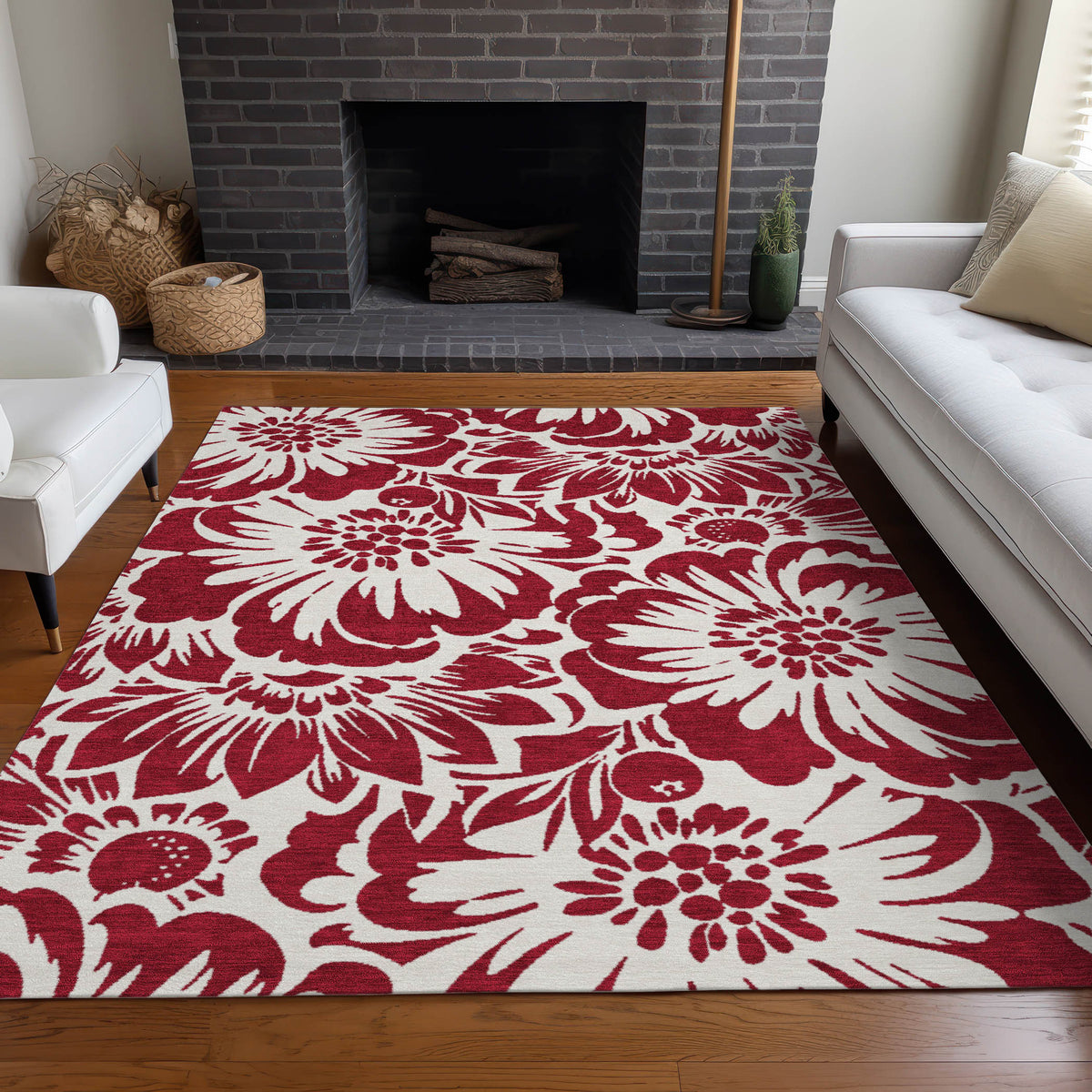 8' X 10' Burgundy and White Floral Washable Non Skid Indoor Outdoor Area Rug