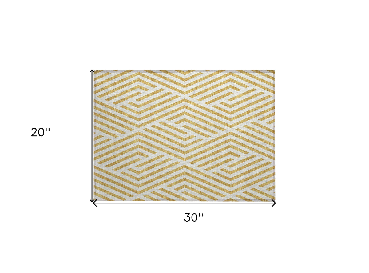 2' X 3' Gold and White Geometric Washable Non Skid Indoor Outdoor Area Rug