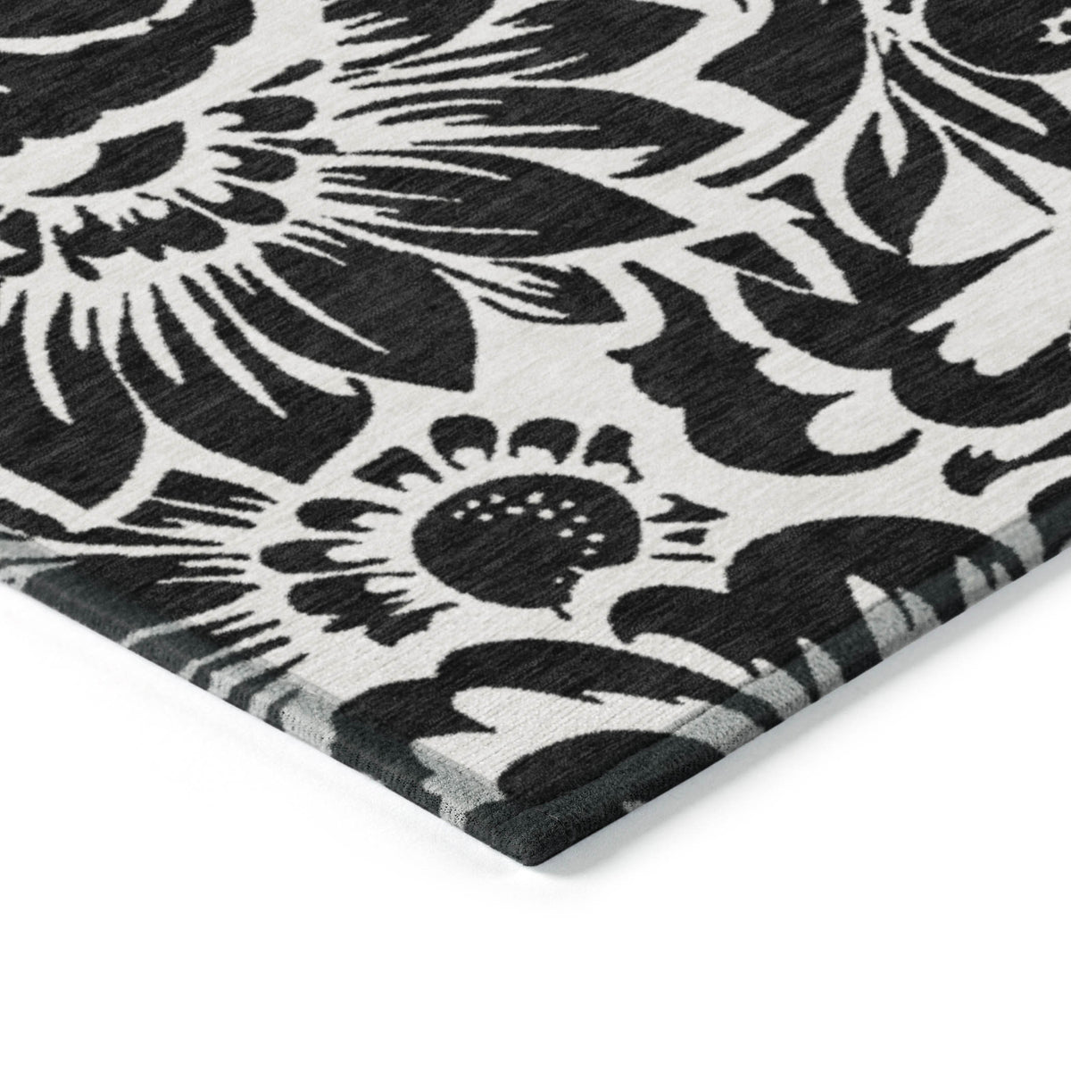 9' X 12' Black and Ivory Floral Washable Non Skid Indoor Outdoor Area Rug