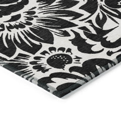 9' X 12' Black and Ivory Floral Washable Non Skid Indoor Outdoor Area Rug