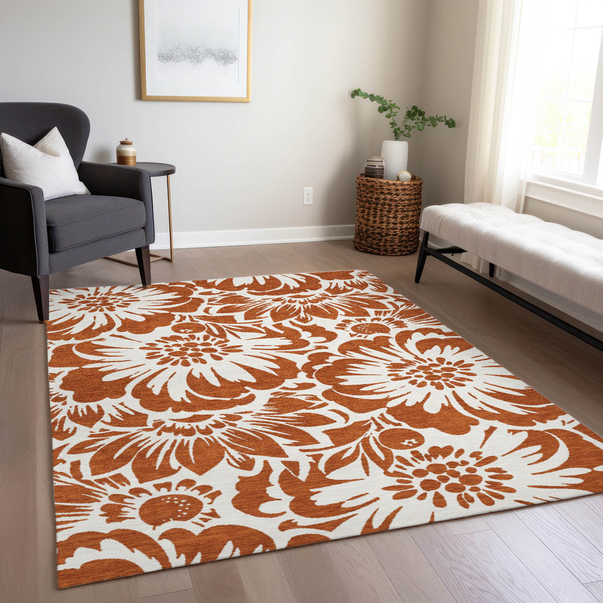 10' X 14' Rust and Ivory Floral Washable Non Skid Indoor Outdoor Area Rug