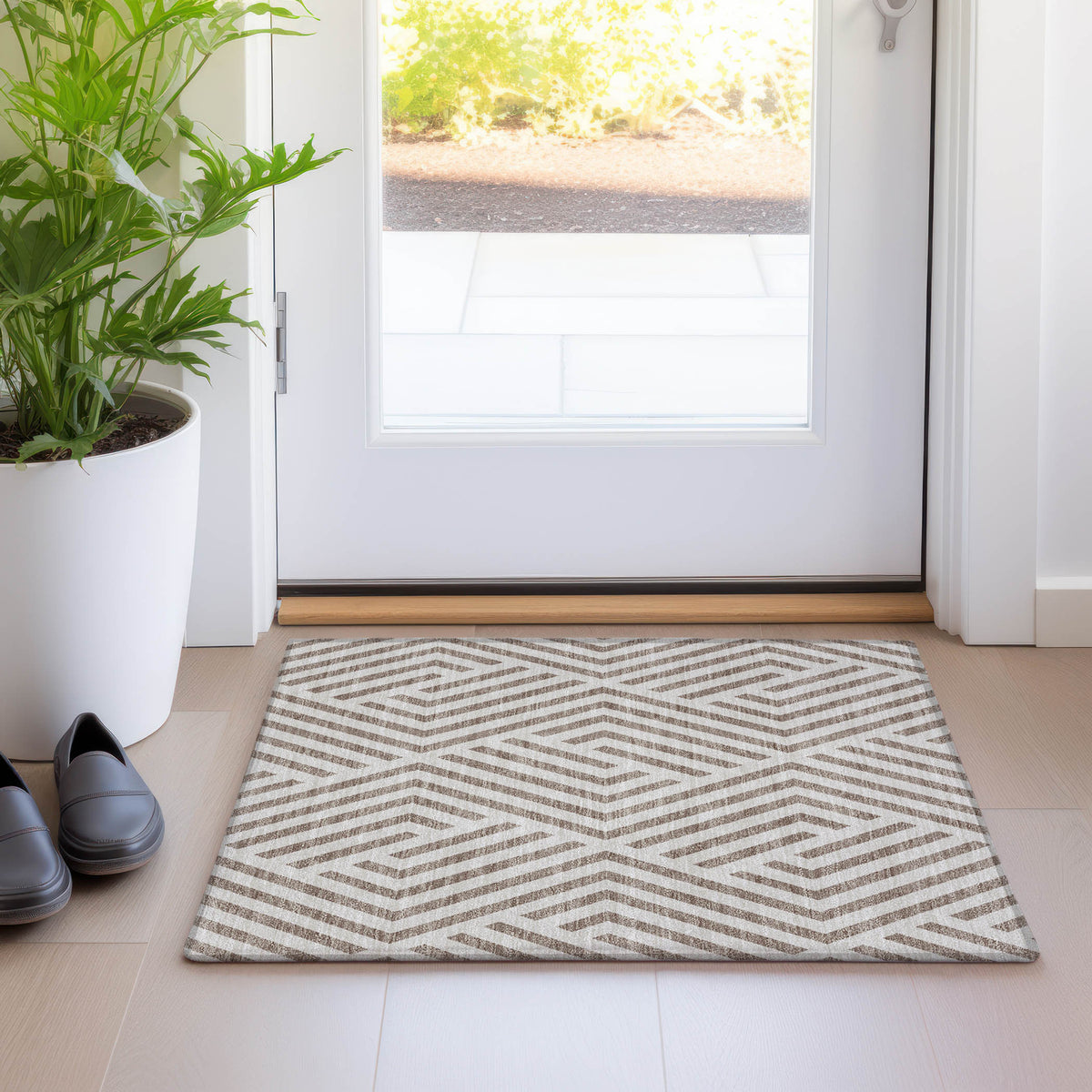 2' X 3' Taupe and Ivory Geometric Washable Non Skid Indoor Outdoor Area Rug